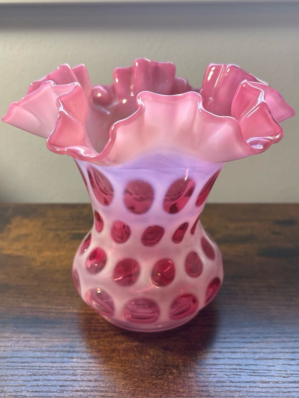 Fenton Pink Ruffled Dot Glass Vase - Decorative Home Accent